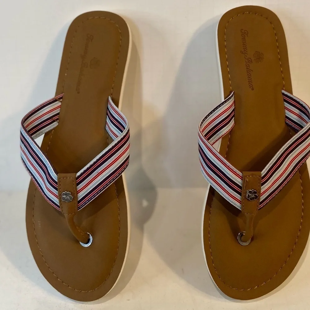 Tommy Bahama~New Canvas Blue/Red Stripe~Thong Flip Flop~Cushioned Footbed~Size 9
